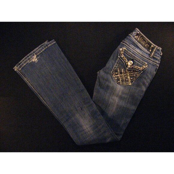 LA Idol USA Womens Jeans Blue Low-Rise Distress 1 Bootcut Flare Rhinestone - Picture 3 of 11